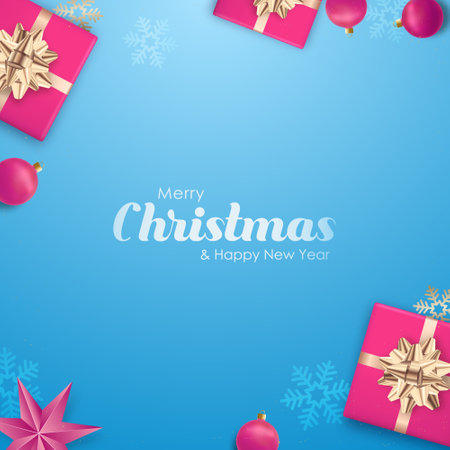 Modern Christmas flat lay composition of pink gift boxes and balls on blue background. Empty space in the middle for your text.のイラスト素材