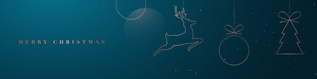Horizontal Christmas banner with hanging minimalistic New Years toys - deer, Christmas tree, balls on dark green background. Luxury invitation banner.のイラスト素材