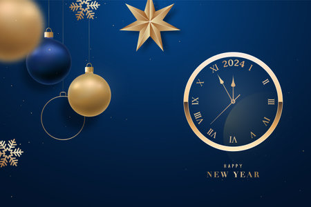 Happy New Year banner with golden clock. Hanging golden balls, snowflakes and star. Clock shows five minutes to 2024.のイラスト素材
