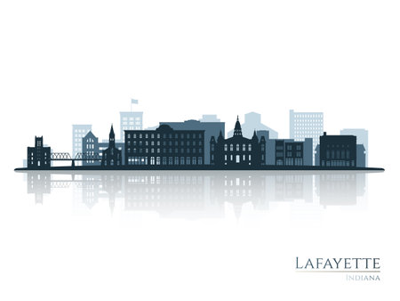 Lafayette skyline silhouette with reflection. Landscape Lafayette, Indiana. Vector illustration.のイラスト素材