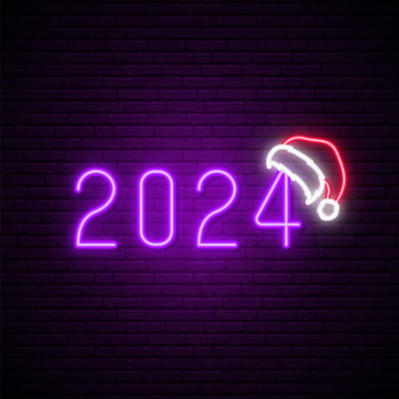 2024 new year with santa hat. Neon Purple New Year sign. Greeting banner for your design.のイラスト素材