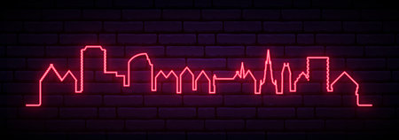Red neon skyline of Ulm. Bright Ulm, Germany long banner. Vector illustration.のイラスト素材