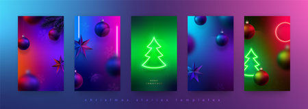 Set of Christmas neon stories template. Modern design vertical set for poster, greeting card, invitations. Vibrant neon combinations.のイラスト素材