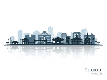 Phuket skyline silhouette with reflection. Landscape Phuket, Thailand. Vector illustration.のイラスト素材