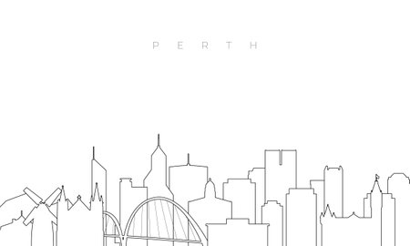 Outline Perth skyline. Trendy template with Perth buildings and landmarks in line style. Stock vector design.のイラスト素材