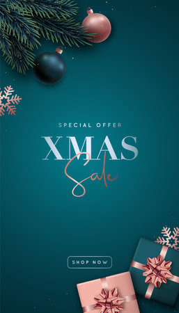 Christmas Sale vertical banner. Flat lay composition. Rose gold and green realistic baubles, gift boxes and fir tree branches. Design poster shopping store, stories template.のイラスト素材