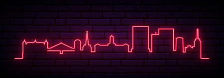 Red neon skyline of Karlsruhe. Bright Karlsruhe, Germany long banner. Vector illustration.のイラスト素材