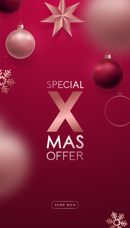 Vertical Christmas sale banner for your project. Realistic balloons hanging on red background. Design for Stories, Social media.のイラスト素材