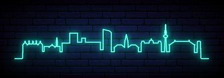 Blue neon skyline of Mannheim. Bright Mannheim, Germany long banner. Vector illustration.のイラスト素材