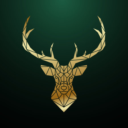 Portrait of golden polygonal Reindeer. Deer head on green wall.のイラスト素材