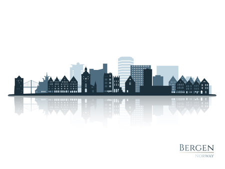 Bergen skyline silhouette with reflection. Landscape Bergen, Norway. Vector illustration.のイラスト素材