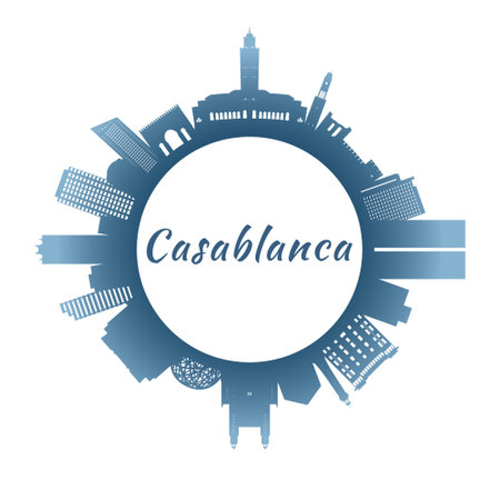 Casablanca skyline with colorful buildings. Circular style. Stock vector illustration.のイラスト素材