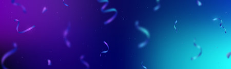 Realistic multi-colored foil ribbons falling on multi-colored background. Horizontal holiday background.のイラスト素材