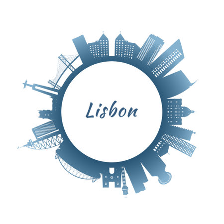 Lisbon skyline with colorful buildings. Circular style. Stock vector illustration.のイラスト素材