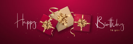 Red themed birthday gifts with golden bows. Horizontal festive banner.のイラスト素材