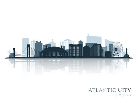 Atlantic city skyline silhouette with reflection. Landscape Atlantic city, New Jersey. Vector illustration.のイラスト素材