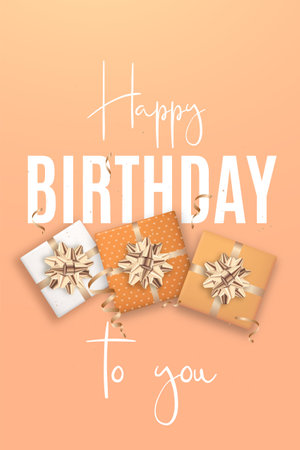 Verical banner with elegant birthday presents and festive text on peach backgroundのイラスト素材
