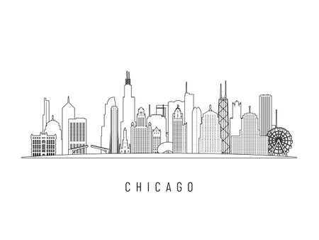 Detailed Chicago skyline vector illustration. Chicago IL buildings in line art style, perfect for modern designs.のイラスト素材