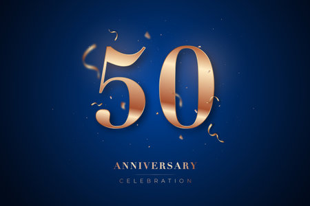 50th Anniversary celebration greeting card. Rose Gold metallic Number 50 with sparkling confetti on dark blue background. Design template for birthday or wedding party event decoration.のイラスト素材