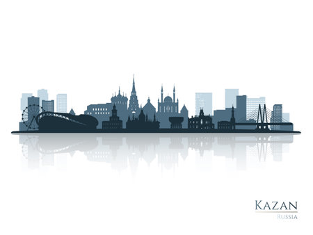 Kazan skyline silhouette with reflection. Landscape Kazan, Russia. Vector illustration.のイラスト素材