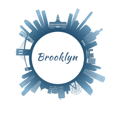 Brooklyn skyline with colorful buildings. Circular style. Stock vector illustration.のイラスト素材