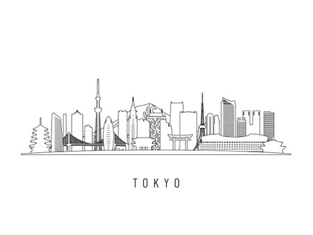 Detailed Tokyo skyline vector illustration. Tokyo buildings in line art style, perfect for modern designs.のイラスト素材