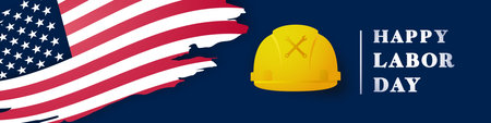 Labor Day greeting with waving US flag and yellow helmetのイラスト素材