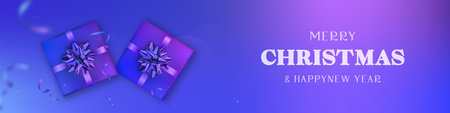 Purple Christmas banner with gifts and greetings.のイラスト素材