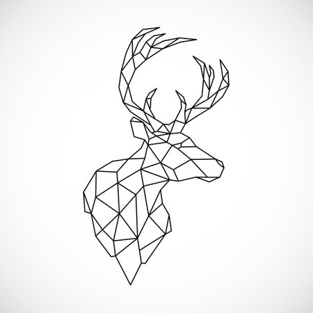 Geometric deer head, low poly style design, minimalist black lines on white.のイラスト素材