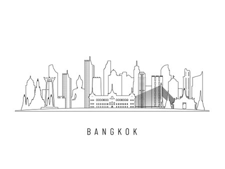 Detailed Bangkok skyline vector illustration. Bangkok buildings in line art style, perfect for modern designs.のイラスト素材