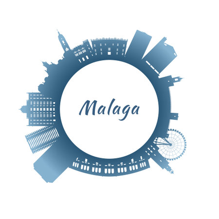 Malaga skyline with colorful buildings. Circular style. Stock vector illustrationのイラスト素材