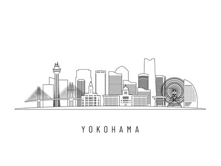 Detailed Yokohama skyline vector illustration. Yokohama buildings in line art style, perfect for modern designs.のイラスト素材