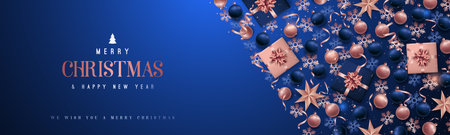 Merry Christmas greeting adorned with festive decorations in blue and rose gold. Horizontal Christmas header for website template, flat top view.のイラスト素材