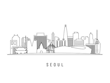 Detailed Seoul skyline vector illustration. Seoul buildings in line art style, perfect for modern designs.のイラスト素材