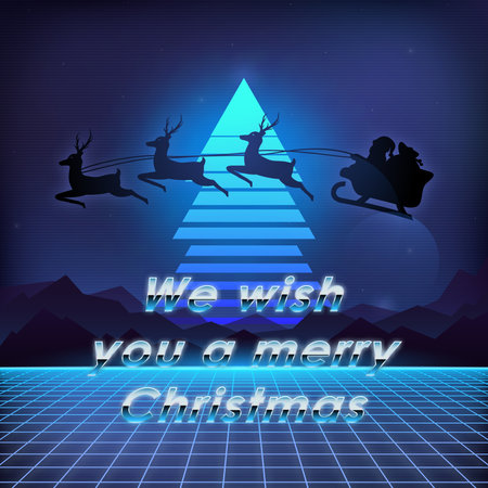 Festive scene features reindeer flying over mountains with neon geometric shapes. Greeting Xmas card.のイラスト素材