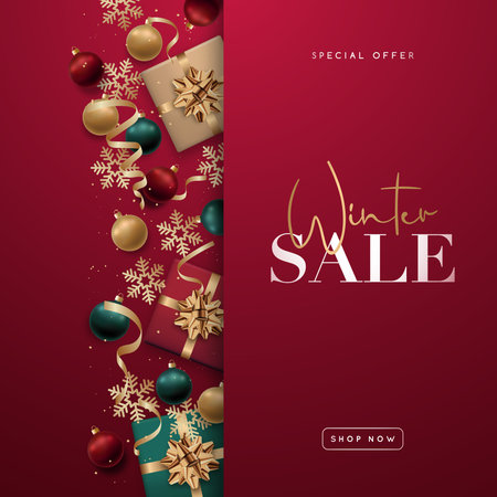 Bold red background showcases festive gifts, ornaments, and elegant typography promoting winter sale.のイラスト素材