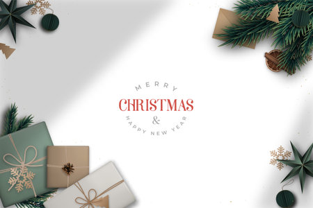 Rustic design showcasing Christmas gifts and pine branches, perfect for festive greetingsのイラスト素材