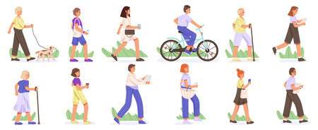 People walking, diversity city pedestrian characters activities. Cartoon men and women city street walk vector flat symbols illustrations. City pedestrians crowd walking alongのイラスト素材