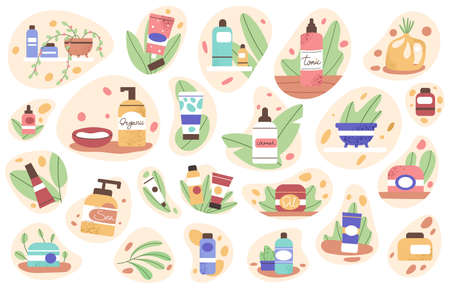 Skincare products, beauty skin care lotion, shampoo tubes and bottles, organic soap. Beauty cosmetic, skin care scrub, cream and cleanser vector symbols illustrations. Herbal cosmetic productsのイラスト素材