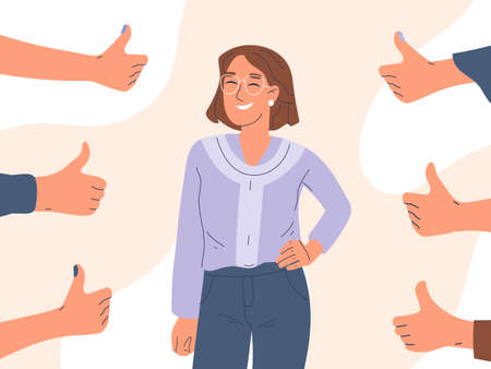 Happy person with positive approval feedback, thumbs up surrounded. Smiling girl glad public positive respect opinion, cartoon vector background illustration. Human positive acceptance conceptのイラスト素材