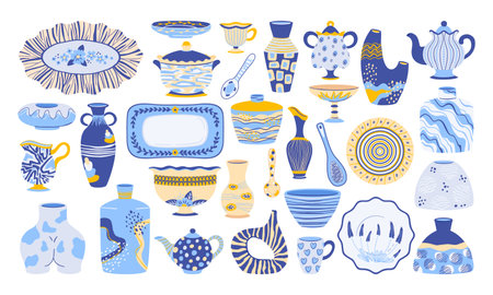 Doodle crockery, ceramic tableware, decorative kitchen pottery. Decorative pottery, dishes, bowls and plates vector symbols illustrations set. Collection of clay ceramic crockeryのイラスト素材