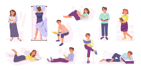 Studying, reading people, book lovers characters, woman and man with books. Book readers, literature fans and library visitors cartoon vector illustration set. Reading persons collectionのイラスト素材
