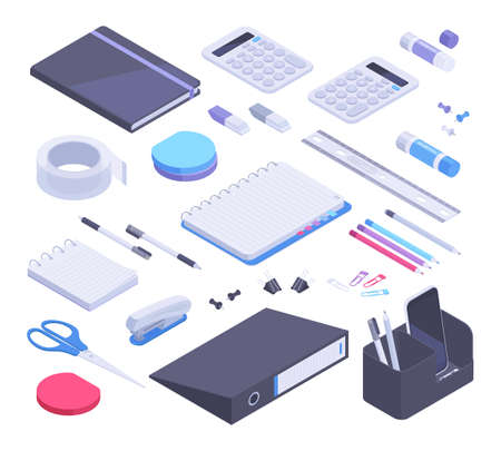 Isometric school desk stationery, 3d office tools, notebook, scissors and pencils. Stationery objects, pen, stapler and glue stick vector symbols illustrations set. school and office suppliesのイラスト素材