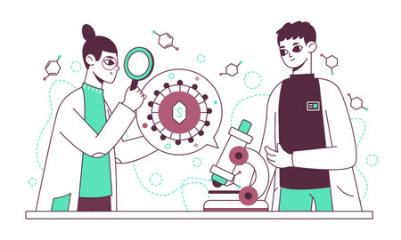 Chemical laboratory, scientific medical experiment, scientists, lab workers characters. Scientists biotechnology researching experiment vector symbols illustration set. scientific lab conceptのイラスト素材