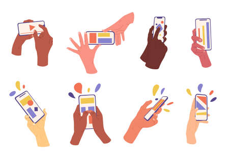 Human hands holding smartphone, fingers touching screen. Scrolling, tapping and cell phone gadgets screen cartoon vector symbols set. People hands using devicesのイラスト素材