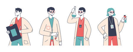 Outline scientist characters, young medical laboratory workers team. Biotechnology researching work group standing with test tubes vector symbols illustration set. science lab employeesのイラスト素材