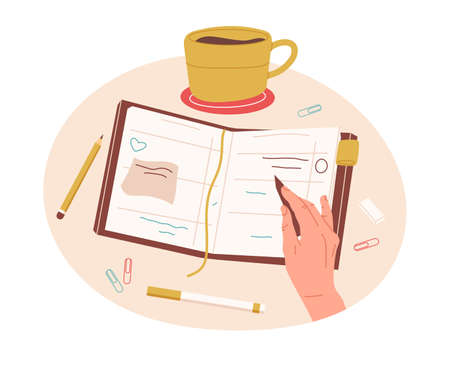 Female hand writing, filling diary, to do list or weekly planner. Hand signing, taking notes, freelance work space with coffee and stationery vector symbols illustration. paper work conceptのイラスト素材