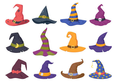 Cartoon witch hats, Halloween party costume elements. Wizard striped and spooky decorated hats...
