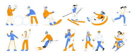 Winter sport activities, people skiing, skating and snowboarding. Flat outline characters doing winter activities vector symbols illustration set. Snow sports collectionのイラスト素材