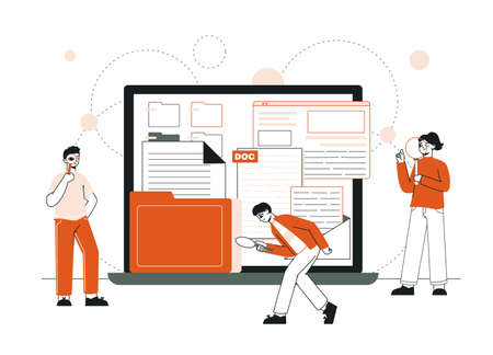 People searching data, looking for file documents concept. Exploring business files and documents, characters search vector illustration. Exploring, searching peopleのイラスト素材